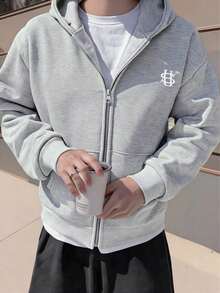 Men's Casual Short Hooded Zip-Up Sweatshirt With Embroidery, Unisex Long Sleeve Top, All Season, Gift, Light Grey - Light Grey - View 1