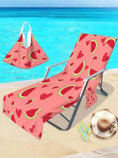1pc Strawberry & Cherry Print Beach Chair Cover, Summer Exclusive Series, Super Fiber Quick-Dry Towel Pool Lounge Chair Cover, Beach Towel Chair Cover, Lounge Chair Towel, Beach Towel With Pocket, Holiday Accessory, Travel Essential Bathroom Decor