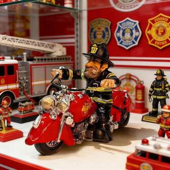 1pc Vintage Firefighter Motorcycle Statue - Red Resin Firefighter Motorcycle Collectible Decor
