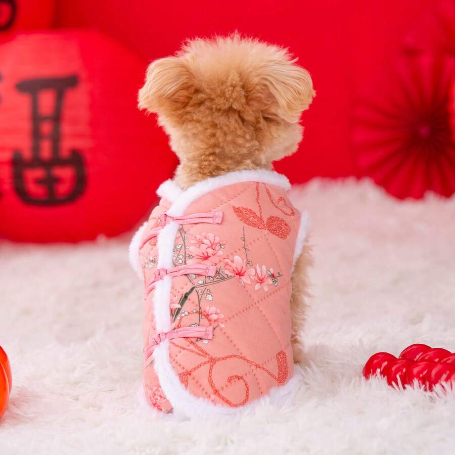 1件宠物保暖背心，犬猫服装，冬季中国风复古唐装背心，适合贵宾犬、泰迪犬、比熊犬和其他小型犬 - 粉色 - 查看 1