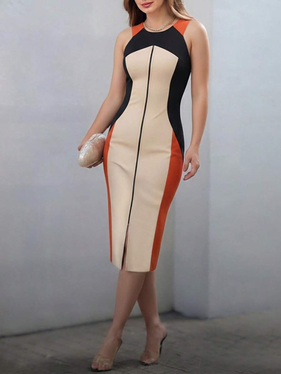 ChicMe Đầm midi nữ phối màu cổ tròn không tay, khóa kéo, xẻ tà, ôm sát, thời trang cho công sở và mặc hàng ngày. - Màu be - Xem 1