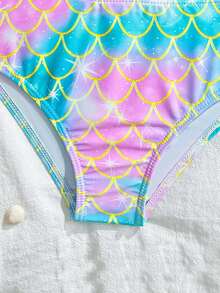 Young Girls Ombre Mermaid Scale Print Tankini Swimwear - Multicolor - View 3