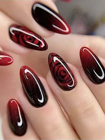 Almond Nails Red Nails New Years Nails Rose Flowers Acrylic Press On Nails Red Press On Nails