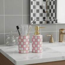 Black & White Plaid Bathroom Toothbrush Holder, Black & White Ceramic Toothbrush Holder, Modern Toothbrush Cup, Suitable For Bathroom Countertop Storage Rack, High-Quality Black & White Plaid Ceramic Utensil Holder, Desktop Pen Cup, Cutlery Storage Box