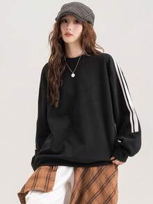 JUTU Contrast Color Block Black & White Striped Minimalist Round Neck Sweatshirt For Women, Everyday Wear Spring/Autumn Casual - F979 Black and White - View 4
