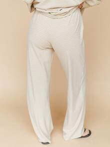 Women's Striped Oversized Loungewear Set - Long Sleeve Top  Wide-Leg Pants Two-Piece - Apricot - View 8