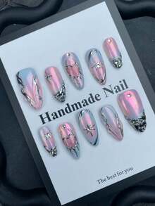 Bộ 10 móng tay giả hình hạnh nhân Y2K bóng mượt, làm thủ công, trang trí nơ, kẹp kim loại và đá đính - họa tiết trái tim và hành tinh 3D, màu đen và hồng, độ dài vừa phải, bộ móng giả acrylic Z-Gen Nhật Bản dễ thương, phù hợp cho phụ nữ và bé gái. - Hồng - Xem 5