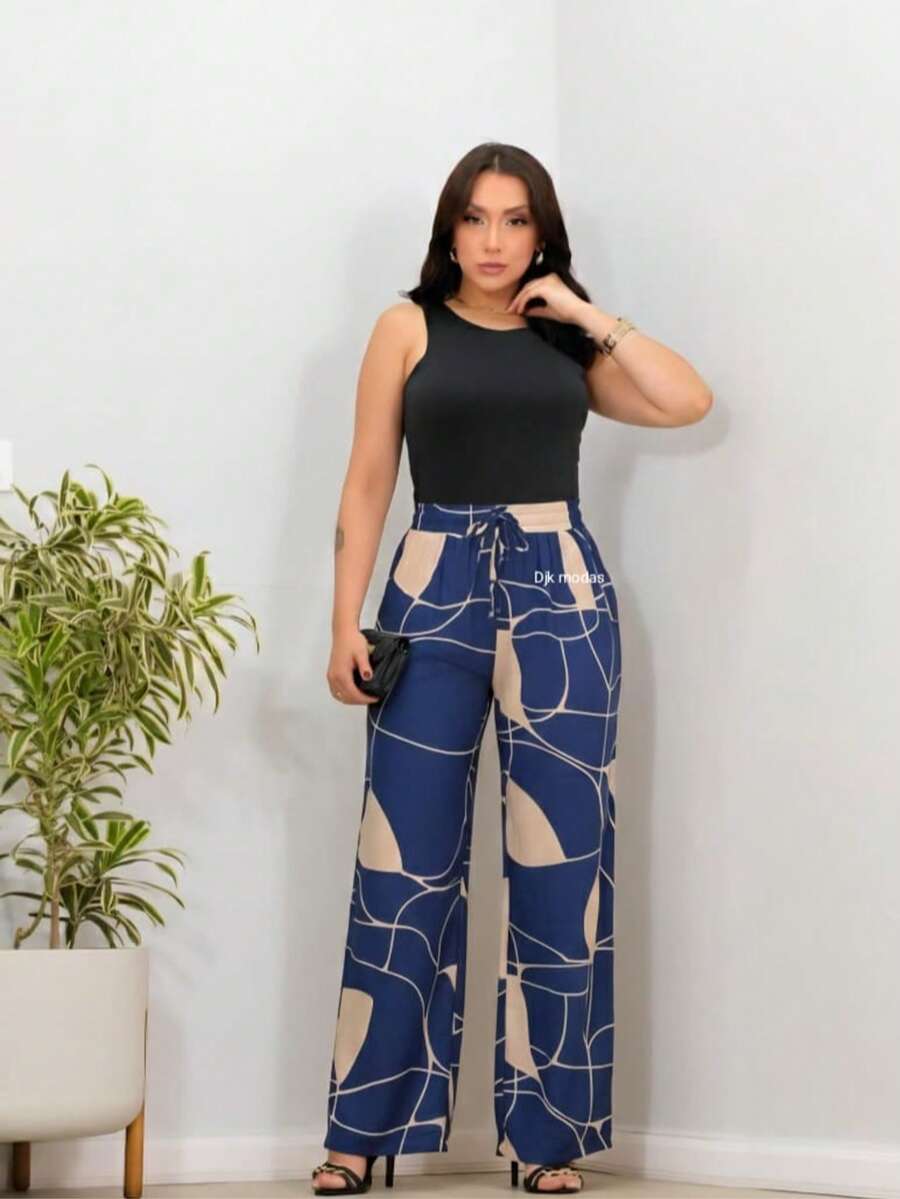 Duna Fabric Wide-Leg Pants - Blue - View 1