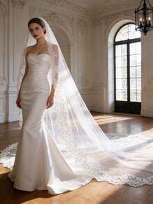 1pc 4m Luxury Lace Applique Bridal Veil, Suitable For Cathedral Wedding - Milky - View 4