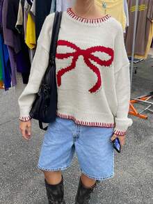 女士白色毛衣，饰有红色蝴蝶结 - 长袖款式，适合圣诞节/万圣节、冬季、秋冬季穿着，也可作为套头衫或圣诞毛衣。 - 白色 - 查看 6