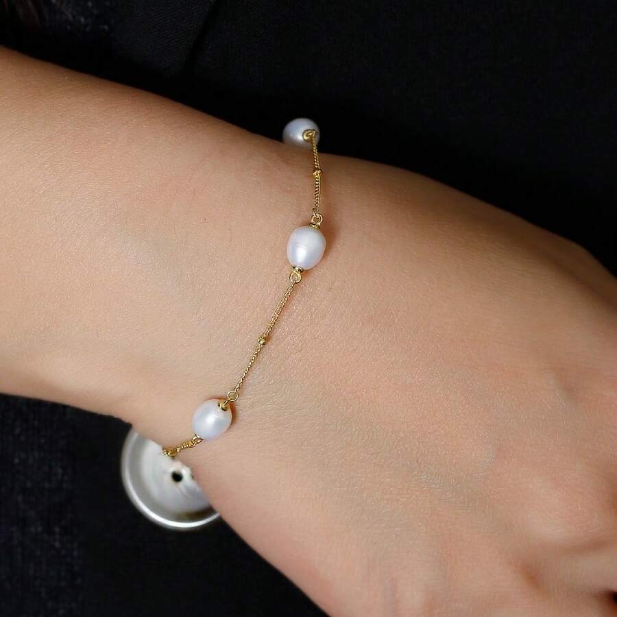 1pc Elegant Natural Freshwater Baroque Pearl Women's Bracelet, 925 Sterling Silver O-Shape Chain Design, Luxury Hypoallergenic, Suitable For Valentine's Day, Birthday, Anniversary Gift, Comes With Box