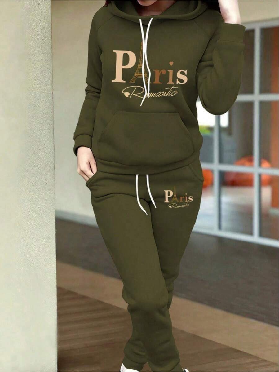 2026 Valentine Outfits For WomenWomen's Autumn Clothing Fleece Casual Set Fashion Printed Hoodie Loose And Comfortable Christmas Fit WomenLoose And Comfortablevalentine's Day - 軍綠色 - 查看 1