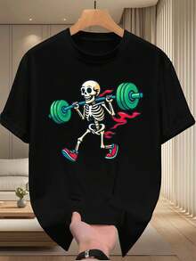 Camiseta de hombre con estampado de esqueleto levantador de pesas, algodón suave, corte cómodo, estampado artístico informal. - Negro - Ver 2