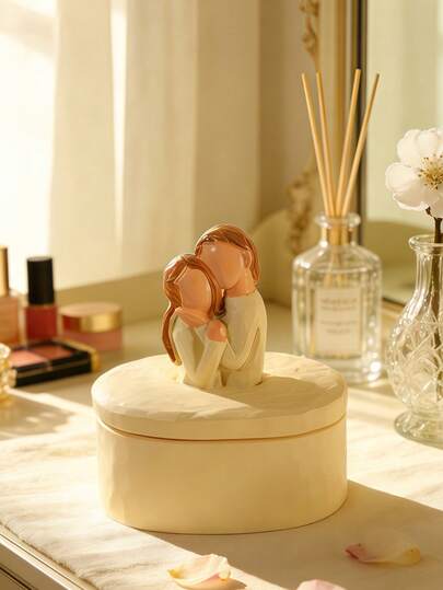 1pc Cute Couple Figurine Decorative Storage Box - Minimalist Beige Trinket Organizer For Jewelry, Small Accessories Aesthetic Bedroom Vanity Decor, Sweet Gift For Her/Girlfriend, Desk Decorative Container With Charming Sculpture Top, Perfect For Dressing Table Countertop Organization & Home Decor Accent