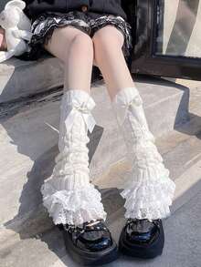 Lolita Lace Trim Leg Warmers For Women, Cute Bow Decor Knee High Leg Warmers, Japanese Style Slimming Leg Covers