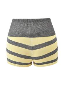Women Striped Knit Micro Shorts Fold Over Elastic Waist Slim Fit Mini Bottom Y2k Lounge Sweater Shorts - 黃色 - 查看 4