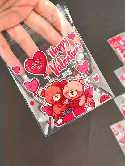 100 piezas Bolsas de regalo del Día de San Valentín, impresas con corazones rojos y patrones de osos lindos - Bolsas de plástico autoadhesivas, adecuadas para dulces, regalos pequeños y recuerdos - Perfectas para fiestas, bodas, compromisos y aniversarios, también se pueden usar como bolsas de recuerdo para fiestas