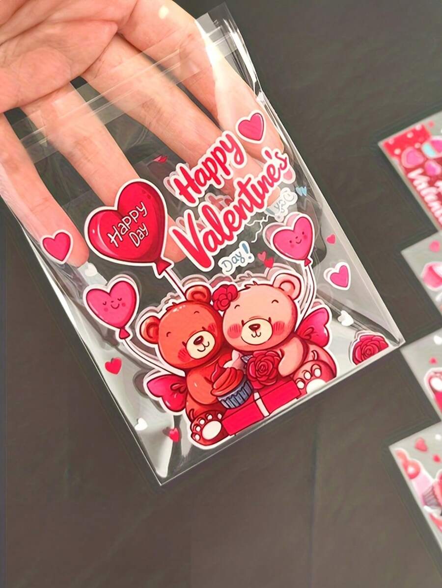 100pcs Valentine's Day Gift Bags, Printed With Red Heart And Cute Bear Patterns - Self-Adhesive Plastic Bags, Suitable For Candies, Small Gifts And Souvenirs - Perfect For Parties, Weddings, Engagements And Anniversaries, Also Can Be Used As Party Favor Bags - Multicolor - View 1