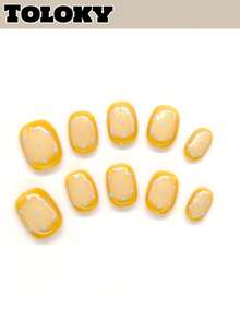 10 piezas de pegatinas de uñas ovaladas y cortas hechas a mano, con diseño de lunares amarillos, diseño pintado a mano lindo, incluye 3 piezas de herramientas para uñas, pegamento para uñas y accesorios. Adecuado para mujeres y niñas para fiestas, viajes, uso diario, uñas de verano, viajes, vacaciones, festivales de música - Multicolor - Ver 1