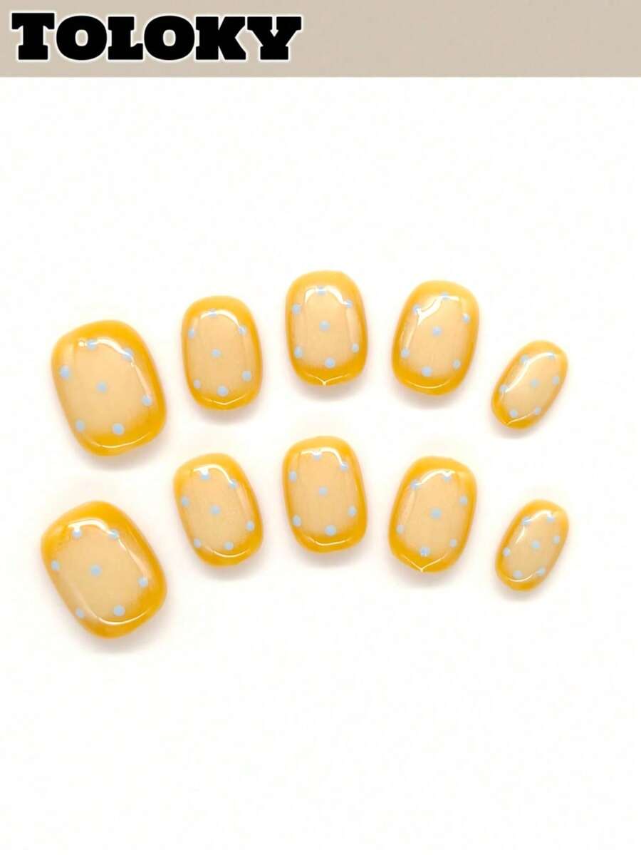 10 piezas de pegatinas de uñas ovaladas y cortas hechas a mano, con diseño de lunares amarillos, diseño pintado a mano lindo, incluye 3 piezas de herramientas para uñas, pegamento para uñas y accesorios. Adecuado para mujeres y niñas para fiestas, viajes, uso diario, uñas de verano, viajes, vacaciones, festivales de música - Multicolor - Ver 1