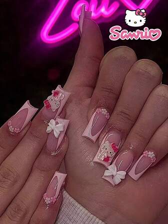  24 Stücke mittelgroße quadratische Kunstnägel Hello Kitty Rosa Französisch Rot Blume Sanrio Nagelkunst süße Chrom-Legierung Acryl Aufklebe-Nägel Gel Nagelkunst Nagelbedarf Nagelset (inklusive: 1 Stück Gelee-Gel und Feile) geeignet für Frauen für tägliche Dates, Partys