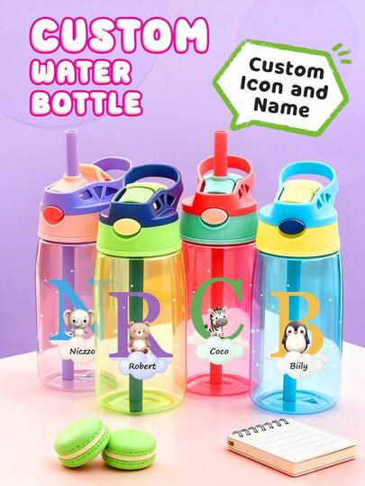1pc Personalized Name Water Bottle For Kids, With Straw And Lid, 16oz/480ml, Reusable Water Bottle Suitable For Children, Boys, Girls, Teens, Birthday, Back To School Supplies, Children Gift. 1pc 12oz/350ml Stainless Steel Kids Cup With Silicone Straw, Unicorn, Butterfly, Space, Construction Vehicle Themes, Available In 5 Colors: Pink, Green, Blue, Purple.,Cutlery Set , Travel-Friendly, Kawaii
