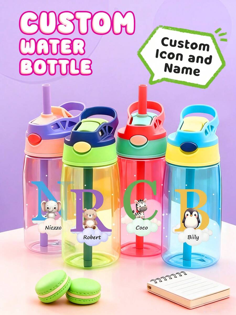 Botella de agua personalizada con nombre para niños con pajita y tapa, taza de acero inoxidable de 12oz/16oz para niños, temas de unicornio, mariposa y espacio, regalo de vuelta a la escuela - Estilos lindos - Ver 1