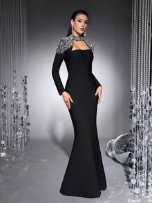 Elegant Women's Black Luxury Crystal Long Formal Evening Gown, High Neck Long Sleeve Mermaid Tie Waist Dress, Perfect For Formal Dinners, Weddings, Cocktail Parties, Red Carpets, Celebrity Events Party Spring - Black - View 5
