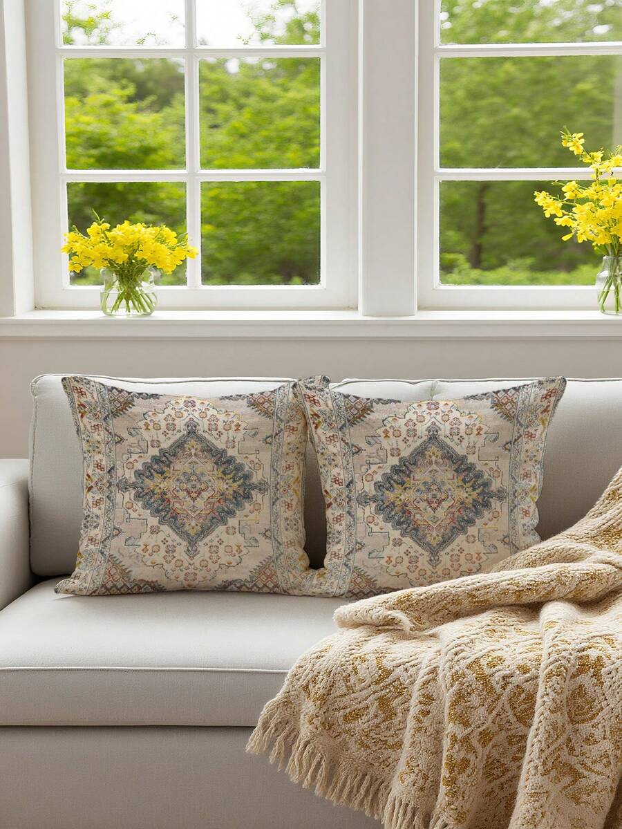 2件装米色波西米亚几何复古摩洛哥几何图案抱枕套，斋月亚麻农舍风格抱枕套，节日派对装饰家居沙发客厅卧室床沙发椅靠垫套（不含填充物） - 淺灰色 - 查看 1