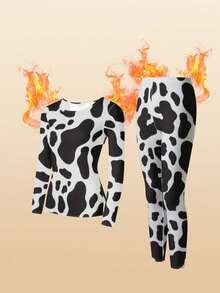 Cow Pattern Women's Warm Underwear Set - Round Neck Top+Pants, Winter And Autumn Slimming Bottom - Multicolor - View 6