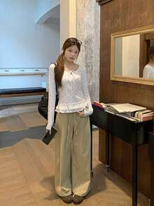 Polka Dot Frill Trim Long Sleeve T-Shirt For Women, Bowknot Tie Design, Slim Fit Round Neck Undershirt - White - View 3