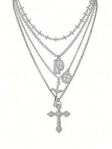 新款欧美时尚男士个性化多层十字架、长方形和圆形吊坠项链 - 彩色 - 查看 11