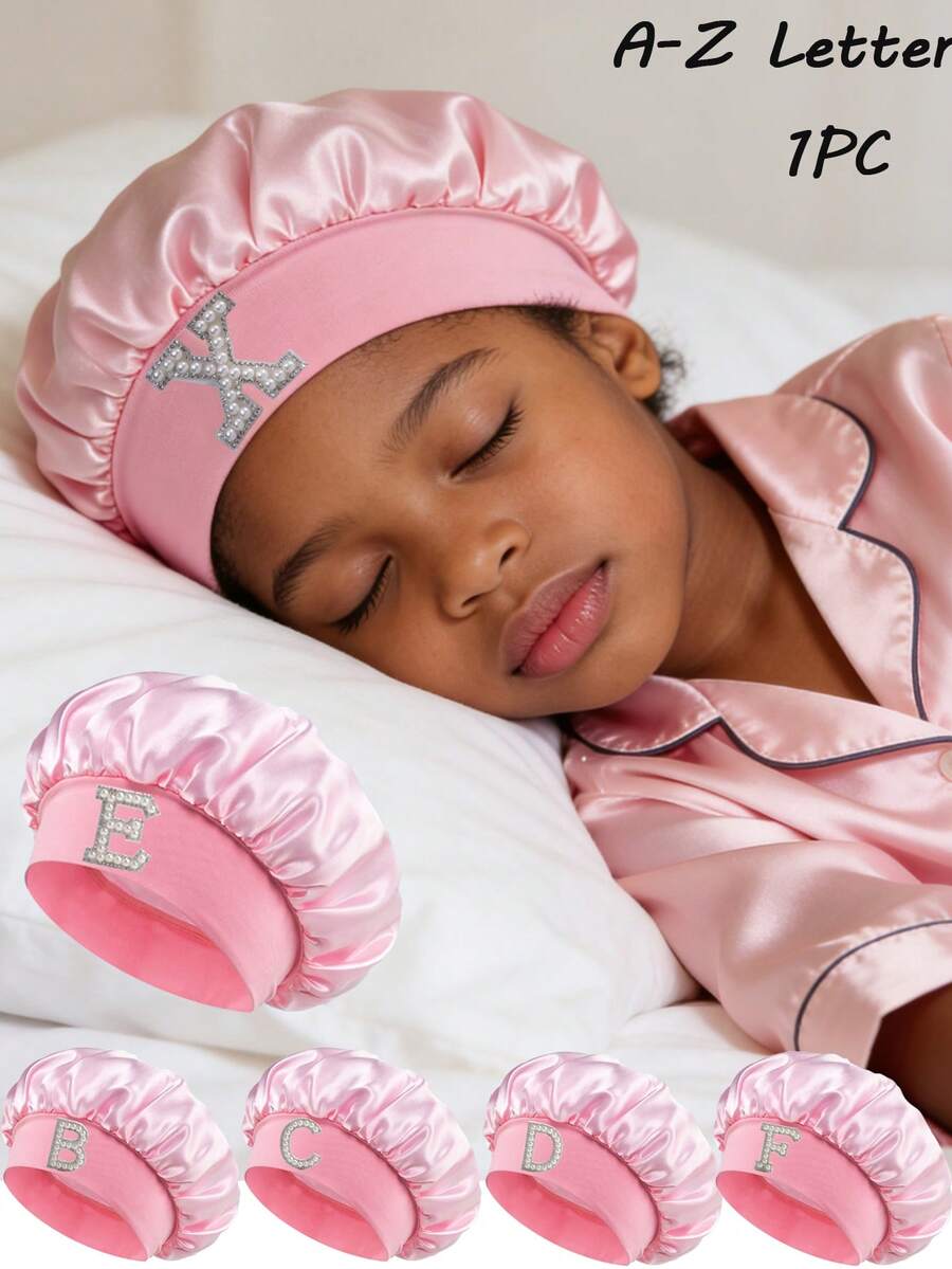 1pc Toddler/Kids 26 Letters Smooth Satin Sleep Cap, Fashionable & Comfortable, Breathable Anti-Slip, Daily Hair Care Hat - Pink - View 1