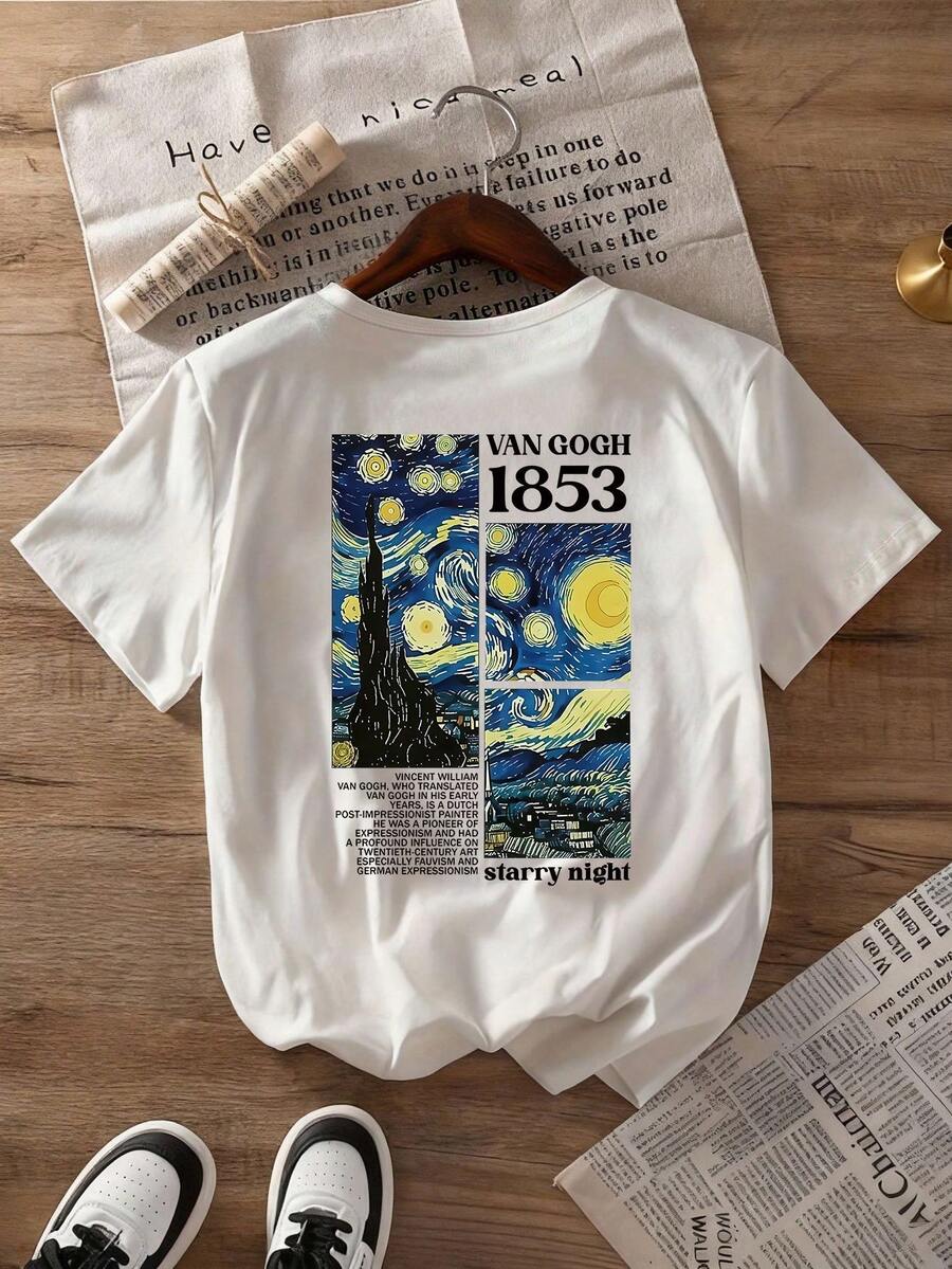 Áo thun nữ thường ngày, lấy cảm hứng từ kiệt tác "Đêm đầy sao" của Van Gogh và họa tiết số 1853, thoải mái và đa năng cho mùa xuân/hè, áo thun ngắn tay cổ tròn in họa tiết thời trang. - trắng - Xem 1