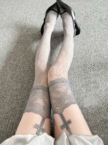 性感十字纹丝袜、性感蕾丝花纹丝袜、超薄镂空丝袜、白色及膝渔网袜、女士白色丝绸 - 彩色 - 查看 6