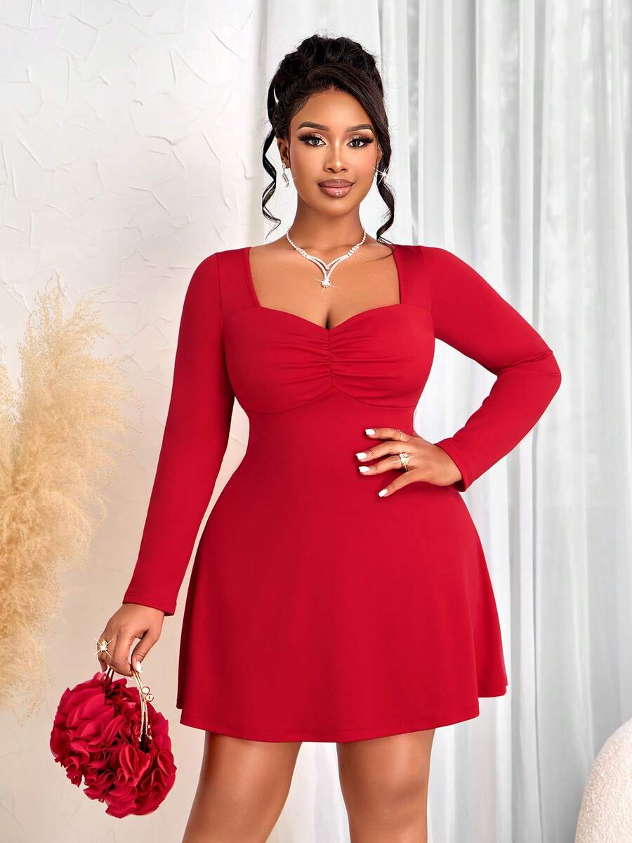 BIUBIU Váy chữ A mini dáng ôm thanh lịch cỡ lớn dành cho nữ - Cổ vuông, tay dài, thắt eo, phù hợp cho mùa xuân/thu/đông, ngày lễ tình nhân, hẹn hò, đi làm và tiệc cưới - Đỏ - Xem 1