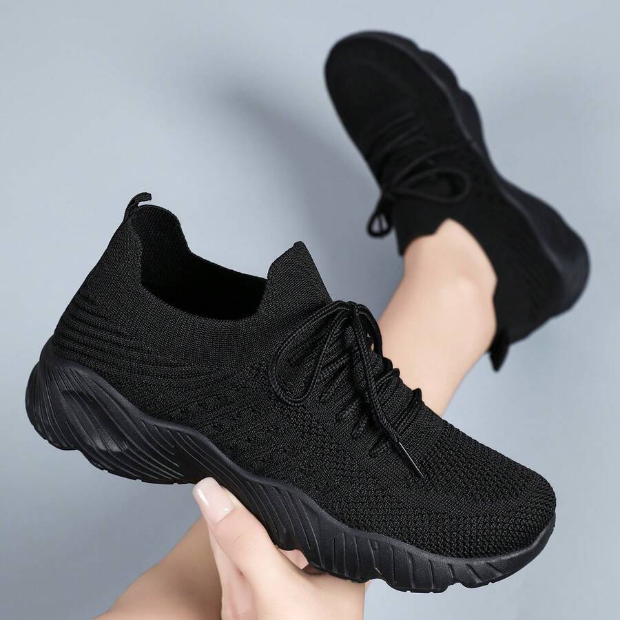 2026 New Women's Sports Shoes, Suitable For All Seasons, Breathable Mesh Upper, Solid Color, Thick Sole, Ideal For Indoor Tennis, Indoor Gyms, Outdoor Running, Golf, And Comfortable Women's Running Shoes. - 黑色 - 查看 1