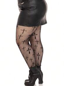 1件加大码女士性感交叉渔网紧身裤，弹力针织性感渔网连裤袜/打底裤 - 彩色 - 查看 3