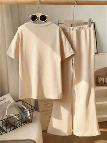 2pcs/Set Girls Leopard Print Bow Decor Short Sleeve T-Shirt And Flare Pants Set, Suitable For Spring/Summer - Apricot - View 3