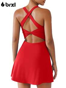 BRXL Built-In Pull Down Shorts And Bra Tennis Dress For Women UPF50+ Athletic Pickleball Workout Sports Active Exercise Golf - Đỏ - Xem 1
