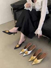 2025 Summer New Metal Buckle Pointed Toe Thin Heel Mid-Heel Mule Sandals For Women, Closed Toe Slip-On, Elegant, Women Pumps, Elegant, Kitten Heels - Black - View 4