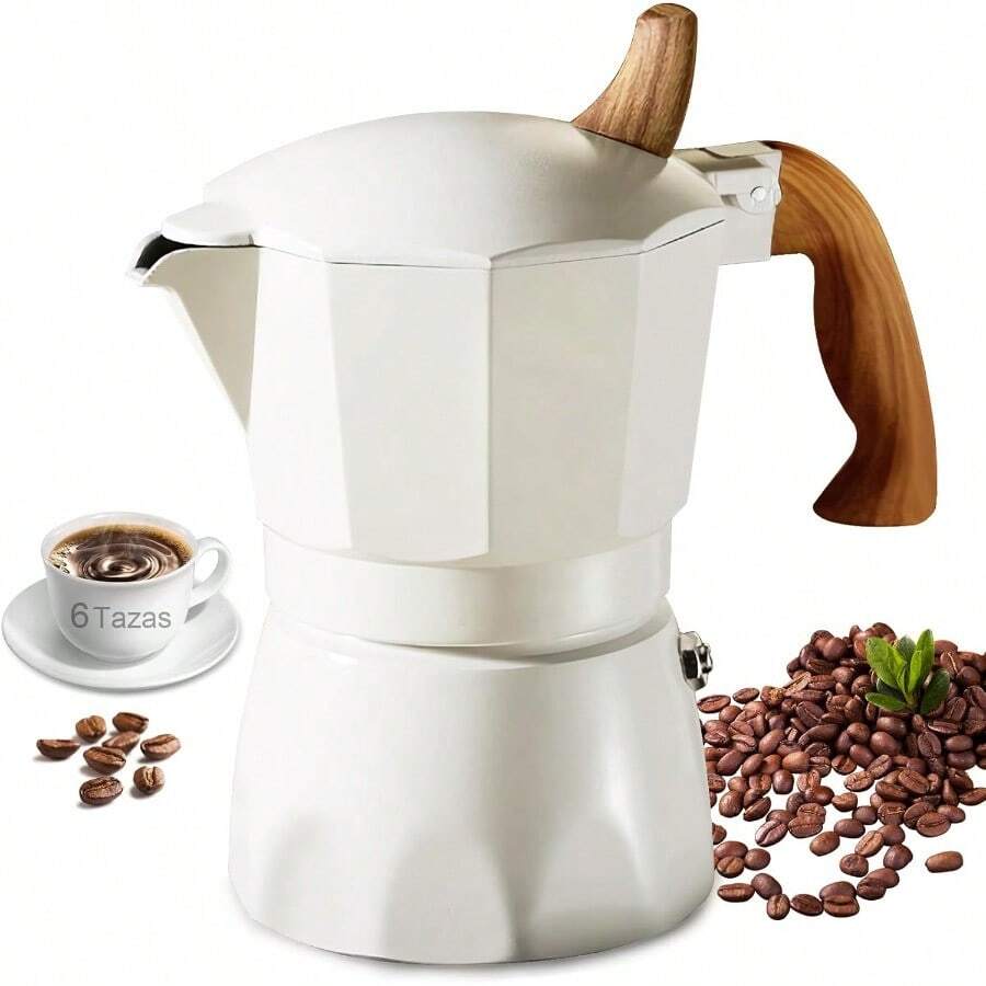 SEASKY Cafetera Italiana Clásica Moka de 300ML/6Tazas Aluminio Mango Antideslizante y Antiescaldaduras Café Expreso Con Válvula Alivio de Presión/Cafetera Cocina para Familia Acampar Oficina - blanco - Ver 1