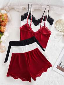 6件套情人节惊喜礼物女士性感内衣套装，三角罩杯，可调节肩带，女士上衣搭配蝴蝶结装饰短裤，舒适家居服纯色睡衣套装 - 彩色 - 查看 3