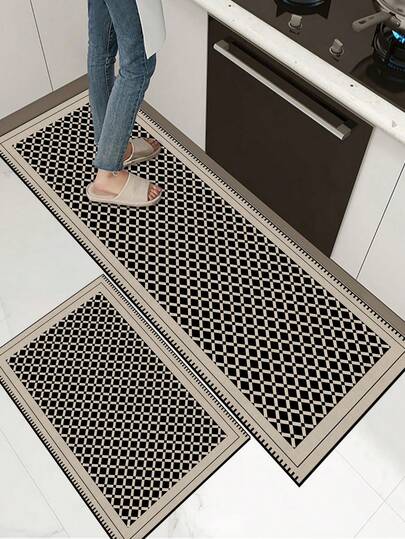 【热销！！！】1 件装软橡胶厨房地垫，3.5 毫米厚厨房地毯，现代几何拼接风格吸水厨房地垫，大尺寸地毯，可自行裁剪以适应厨房尺寸，表面织物材质，中间海绵层，底部橡胶层，适用于厨房地毯、厨房装饰、婚礼装饰、家居装饰、浴室地垫、玄关地垫、洗衣房地垫、走廊地毯、客厅地垫等。