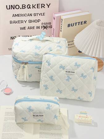 1개 파란색 활 메이크업 가방 대용량 휴대용 메이크업 보관 가방 퀼트 심플 스타일 다기능 메이크업 가방 보관 가방 메이크업 여행 가방 세면 용품 가방 다기능 보관 가방 여성용 클러치 지퍼 미적 여행 세면 용품 가방 연필 가방 필통 미용 도구 보관 화장품 가방 선물 여성용 선물 여행 가방 여행 필수품