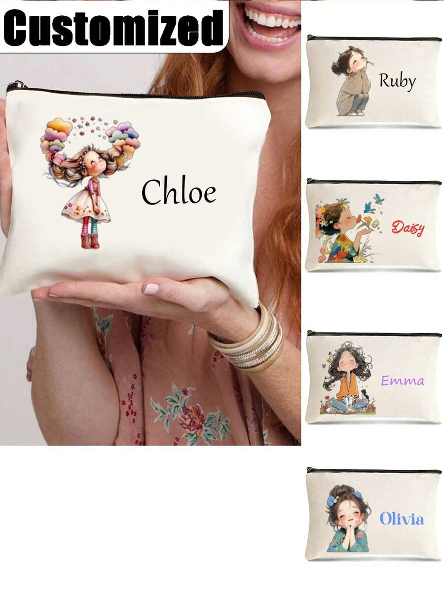 Customizable White Makeup Bag With Cute Girl Pattern - Durable, Personalized Polyester Cosmetic Bag, Unisex Large Capacity Makeup Pouch, Personalized Gift For All Ages, Mini Makeup Bag, Secure Zipper Pocket, Fun Design, Sturdy Zipper, Exquisite Craftsmanship