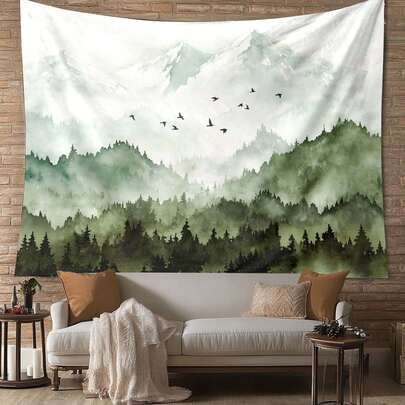 1pc Polyester Watercolor Mountain Forest Tapestry, Suitable For Living Room & Bedroom Decor, Landscape Theme Design, Soft Fabric, Large Size, Home Decor, Beautiful Ink Painting Style, Natural Scenery Display