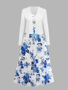 Bộ đồ nữ thanh lịch in hoa, xếp ly eo, vạt bèo nhún, kèm áo khoác cardigan dệt kim, thích hợp cho hẹn hò, ngày Valentine, kỳ nghỉ thường ngày hoặc du lịch mùa xuân. - Xanh và trắng - Xem 3