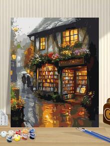 一套成人数码油画套装 - 雨中小镇书店街景，丙烯颜料画布DIY工艺品，尺寸40x50厘米（不含画框），节日和生日礼物佳选 - 40x50cm - 查看 6