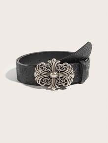 1件装 西式时尚百搭新款压花花卉男女通用休闲腰带，复古风 - 黑色 - 查看 1